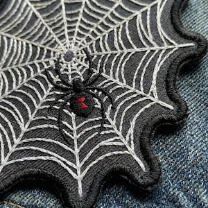 Black Widow Spider Web Embroidered Patch - Goth Spooky Cobweb Applique - Gothic Iron On Patch for Jackets & Vests - Multiple Sizes 3" to 10"