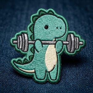 May include: An embroidered patch featuring a teal dinosaur with a cream-colored belly, lifting a gray barbell with black weight plates. The dinosaur has a rounded head, small black eyes, and a spiky tail, all outlined in dark green thread.