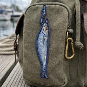 Sardine Fishing Hook Patch, Embroidered Fish Badge, Tinned Fish Aesthetic Gift, Nautical Sea Life Iron On, Fisherman Gift Jackets Hats V0303