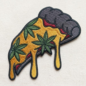 Cannabis Pizza Slice Patch - Stoner 420 Embroidery - Trippy Melting Cheese Badge - Weed Leaf Iron On - Hippie Stoner Gift for Jackets V0303