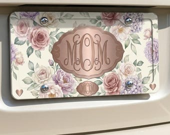 Mother's Day License Plate and Frame Set, Custom Floral Mama Car Tag, Rose Gold MOM Monogram, Watercolor Flower Gift for Mom