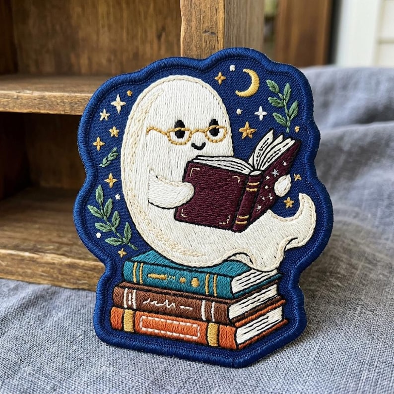 May include: An embroidered patch featuring a white ghost wearing gold glasses and reading a dark red book. The ghost sits atop a stack of three books in teal, brown, and orange. The dark blue background includes yellow stars, a crescent moon, and green leaves.