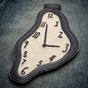 May include: An embroidered patch shaped like a melting clock with a cream-colored face and a dark gray border. The patch features black embroidered numbers from one to twelve arranged around the perimeter and two black clock hands in the center.