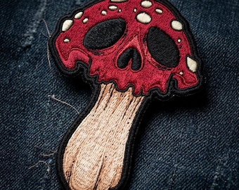 Skull Mushroom Patch - Red Gothic Toadstool Embroidery - Macabre Fungi Badge - Dark Cottagecore Iron On - Spooky Gift for Goth V0303