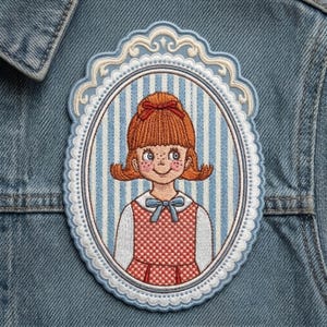 May include: An oval embroidered patch featuring a cartoon character with ginger hair, a red bow, and freckles. The character wears a white shirt with a blue bow and a red checkered dress. The background is blue and white striped with a scalloped border.