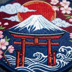 Mount Fuji Torii Gate Patch, Japanese Sakura Embroidery, Great Wave Iron On BadgE, Rising Sun Japan Souvenir, Large Back Patch for Jackets