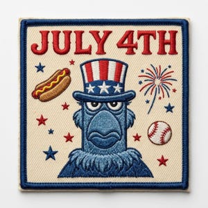 May include: A square embroidered patch on a cream background with a blue border. It features the red text JULY 4TH above a blue bird wearing a red, white, and blue top hat. Surrounding the bird are a hot dog, a firework, a baseball, and stars.