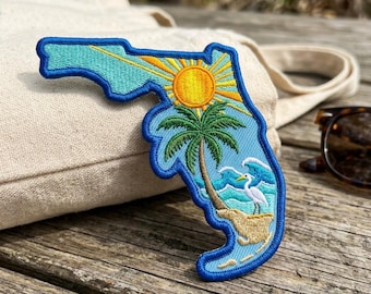 Florida State Map Patch - Sunshine State Embroidery - Tropical Palm Tree and Egret Badge - Coastal Beachy Souvenir - Iron On Florida Gift