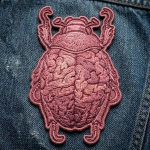 Brain Beetle Patch, Pink Scarab Embroidery, Anatomical Insect Badge, Surreal Art Iron On, Medical Oddity Gift, Pink Goth Aesthetic Patch