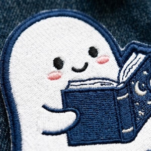 Bookish Ghost Patch, Reading Ghost Embroidery, Cute Spooky Librarian Gift, Kawaii Bibliophile Badge, Iron On or Sew On Jacket Patch V0303