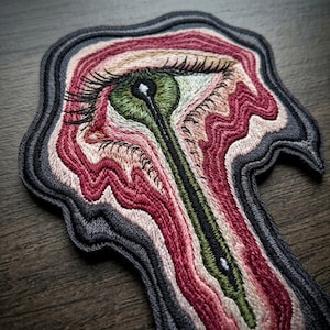 May include: An embroidered patch featuring a stylized eye with a green iris and a long, dark vertical pupil. The surrounding area consists of wavy, layered patterns in shades of pink, cream, and dark gray, finished with a dark gray stitched border.