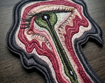Surreal Psychedelic Melting Eye Patch | Trippy Green Eye Embroidered Badge | Weird Art Iron-on for Jackets, Bags & Vests