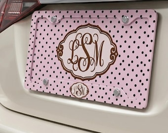 Personalized Pink Polka Dot License Plate & Frame Set, Custom Monogrammed Car Tag, Girly Accessories