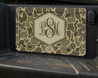 Personalized Camo License Plate Frame Set, Monogrammed Duck Hunting Auto Decor