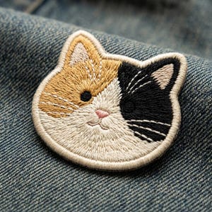 May include: An embroidered patch shaped like a cat head with a calico pattern. The cat face features a mix of orange, white, and black thread, with a small pink nose, black eyes, and stitched whiskers, finished with a cream-colored border edge.