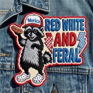 Red White and Feral Raccoon Patch | Funny 'Merica Trash Panda Embroidered Badge | Patriotic 4th of July Iron On for Jackets & Bags