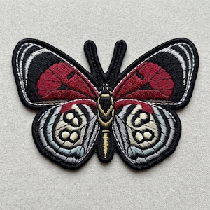 Red Black Moth Patch, Gothic Butterfly Embroidery, Iron On or Sew On Insect Badge, Dark Cottagecore Gift Alternative Tattoo Style Back Patch