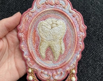 Ornate Molar Tooth Patch - Pink Rococo Frame Embroidery - Dental Professional Gift - Surgeon Dentist Badge - Pastel Goth Weirdcore Accessory