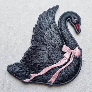 Coquette Black Swan Patch, Balletcore Swan with Pink Bow Embroidered Applique, Dark Feminine Iron On Back Patch for Jackets, Sizes 3" to 10"
