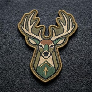 May include: An embroidered patch featuring a stylized deer head with large antlers. The design uses geometric shapes in shades of olive green, tan, and brown, with a small upward-pointing arrow graphic centered on the lower portion of the deer's neck.