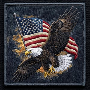 May include: A square embroidered patch featuring a bald eagle in flight with its wings spread wide. The eagle has a white head, dark brown feathers, and yellow talons. Behind the eagle is a waving American flag on a pole against a dark background.