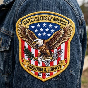 May include: A shield-shaped embroidered patch on a blue denim jacket featuring a bald eagle with wings spread, holding an olive branch and arrows. The text reads UNITED STATES OF AMERICA, FREEDOM & LIBERTY, and EST. 1776 over a red, white, and blue flag.