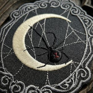 Black Widow Spider Patch, Gothic Moon Embroidery, Ornate Frame Badgem Witchy Dark Academia Gift Iron On Spiderweb Back Patch, Victorian Goth