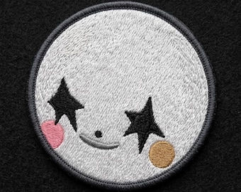 Star Eye Moon Face Iron On Patch, Cute Clowncore Harlequin Embroidery, Multiple Sizes 3" to 10", Large Pierrot Back Patch