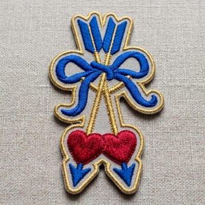 Cupid's Arrows and Hearts Embroidered Patch - Blue Bow Iron On Patch - Valentine's Day Applique for Jackets, Backpacks, and Hats V0303
