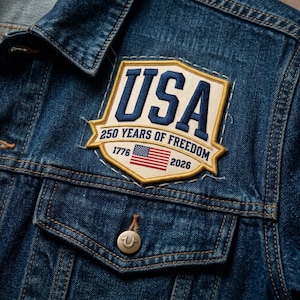 May include: A dark blue denim jacket featuring a shield-shaped patch with a cream background and gold border. The patch displays the text USA, 250 YEARS OF FREEDOM, 1776, and 2026, along with a small embroidered American flag graphic.