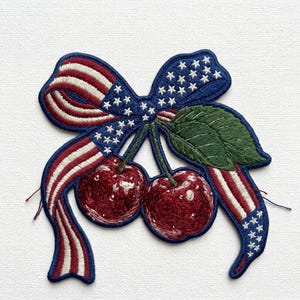 Patriotic USA Cherry Patch - American Flag Bow & Cherries Embroidered Applique - Coquette 4th of July Iron On Back Patch - Sizes 3" to 10"