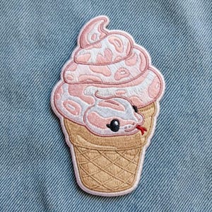 Pastel Pink Snake Ice Cream Patch - Cute Ball Python Cone Embroidery - Kawaii Reptile Art - Large Iron On Back Patch for Jackets & Bags