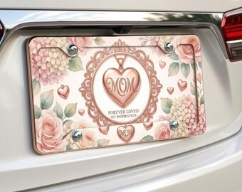 Mother's Day License Plate and Frame Set, Forever Loved My Inspiration Gift for Mom, Floral Rose Gold Heart Car Tag, Sentimental Mother Gift