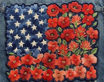 Floral American Flag Patch - Large Poppy & Wildflower USA Flag Embroidery - Patriotic Flower Back Patch for Denim Jackets - Sizes 3" to 10"A