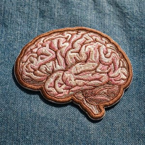 May include: An embroidered patch shaped like a human brain, featuring intricate stitching in shades of light pink, beige, and cream. The anatomical design is outlined with a thick, dark copper-colored thread border, creating a defined edge.
