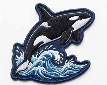 Orca Killer Whale Patch - Ocean Wave Embroidery - Nautical Sea Life Badge - Marine Animal Iron On - Gift for Whale Lovers - Surfer Aesthetic