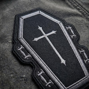 Gothic Coffin Patch - Silver Cross Embroidery - Memento Mori Badge - Vampire Aesthetic Iron On - Dark Academia Gift - Biker Vest Back Patch