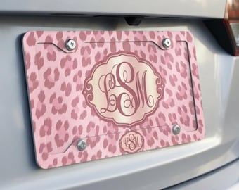 Personalized Pink Leopard License Plate and Frame Set, Custom Monogrammed Cheetah Car Tag, Girly Pink Car Accessories, New Car Gift for Her