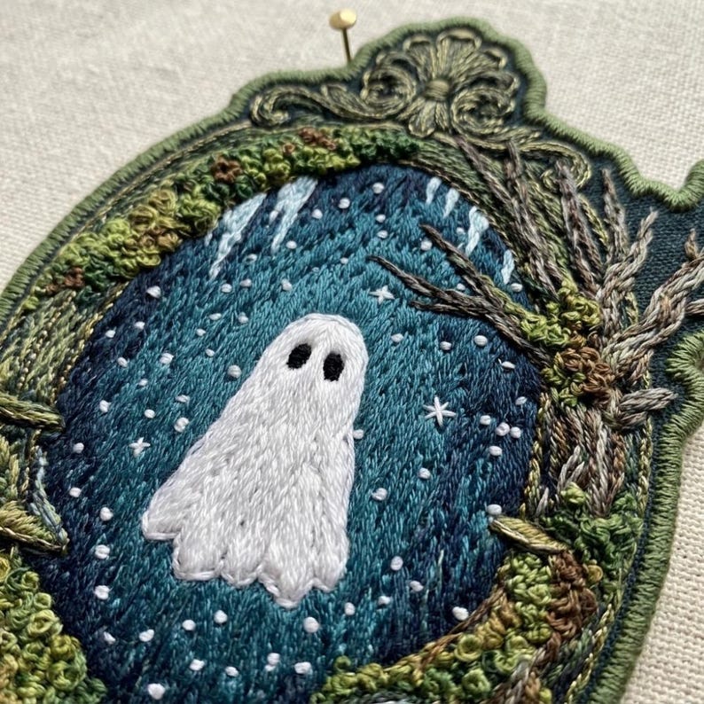 Ornate Frame Ghost Patch, Forest Ghost Embroidery, Haunted Woods Iron On Badge, Vintage Style Spooky Gift, Dark Cottagecore Aesthetic Patch image 1
