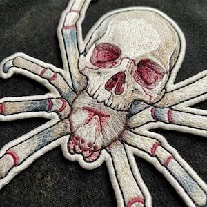 Skull Spider Patch, Gothic Arachnid Embroidery, Large Horror Back Patch, Macabre Skeleton Spider Badge, Iron On for Jackets, Weirdcore Gift