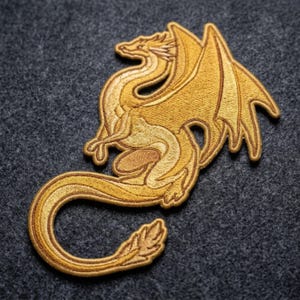 Gold Dragon Embroidered Patch - Mythical Yellow Wyvern Iron On - Amber Fantasy Creature Gift - Dragon Accessory for Jackets & Bags