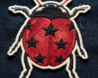 Star Ladybug Embroidered Patch - Red Beetle with Black Stars Iron On - Cute Celestial Insect Accessory - Whimsical Gift for Garden Lovers