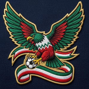 May include: An embroidered patch featuring a stylized eagle with green, white, and red plumage, clutching a black and white soccer ball. The eagle is positioned above a flowing ribbon banner displaying the same green, white, and red color scheme.