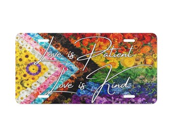 Floral Progress Pride License Plate Intersex Inclusive LGBTQ+ Car Accessory Love is Patient Love is Kind Vanity Plate Botanical Rainbow Tag