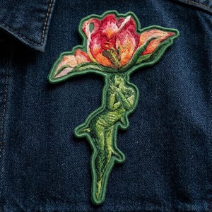 Flower Dryad Embroidered Patch - Mythical Nature Spirit Iron On - Red Tulip Goddess - Whimsical Botanical Gift for Fantasy Lovers