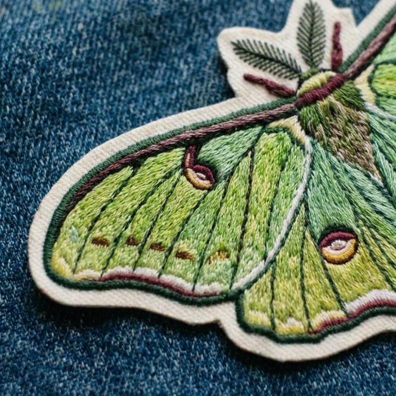 以下が含まれることがあります： 明るい緑とライムグリーンの羽を持つ蛾の形をした刺繍ワッペン。濃い緑色の葉脈、マルーン色のアクセント、白い縁取りが特徴です。蛾の体はふわふわとした質感で、羽には小さな円形の模様が細かく刺繍されています。