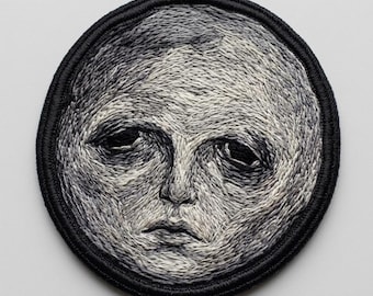 Melancholy Moon Patch - Tired Face Embroidery - Sad Moon Badge - Moody Surreal Art - Weirdcore Aesthetic Gift - Dark Academia Iron On Badge