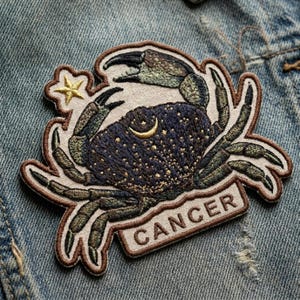 May include: An embroidered patch featuring a crab with a dark blue shell decorated with gold stars and a crescent moon. The crab has olive green legs and claws, a small gold star above, and the word CANCER stitched in a brown border at the bottom.
