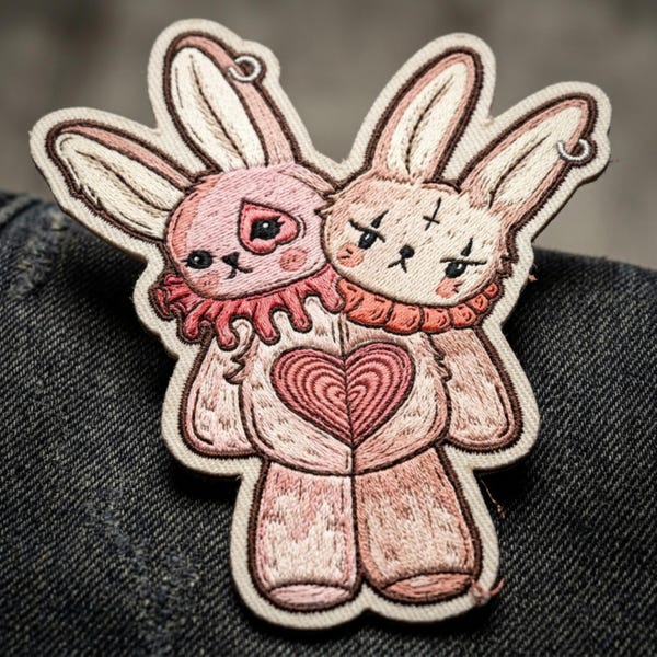 Two-Headed Goth Bunny Patch | Conjoined Twin Rabbit Embroidered Badge | Weirdcore Clowncore Iron-On | Pastel Goth Plush Art for Jackets