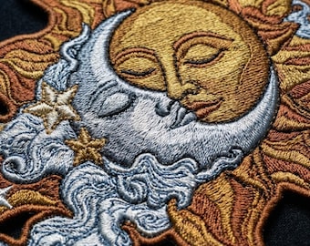 Sun and Moon Patch - Celestial Sol Luna Embroidery - Vintage Mystical Badge - Witchy Astrology Gift - Iron On Back Patch for Jackets